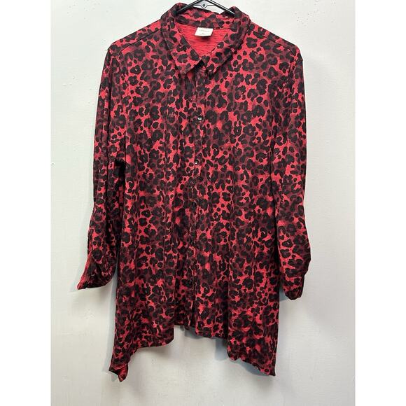 Soma Button Down Swing Tunic Top Womens XL Red Slub Knit Cotton Animal Print - Picture 1 of 8